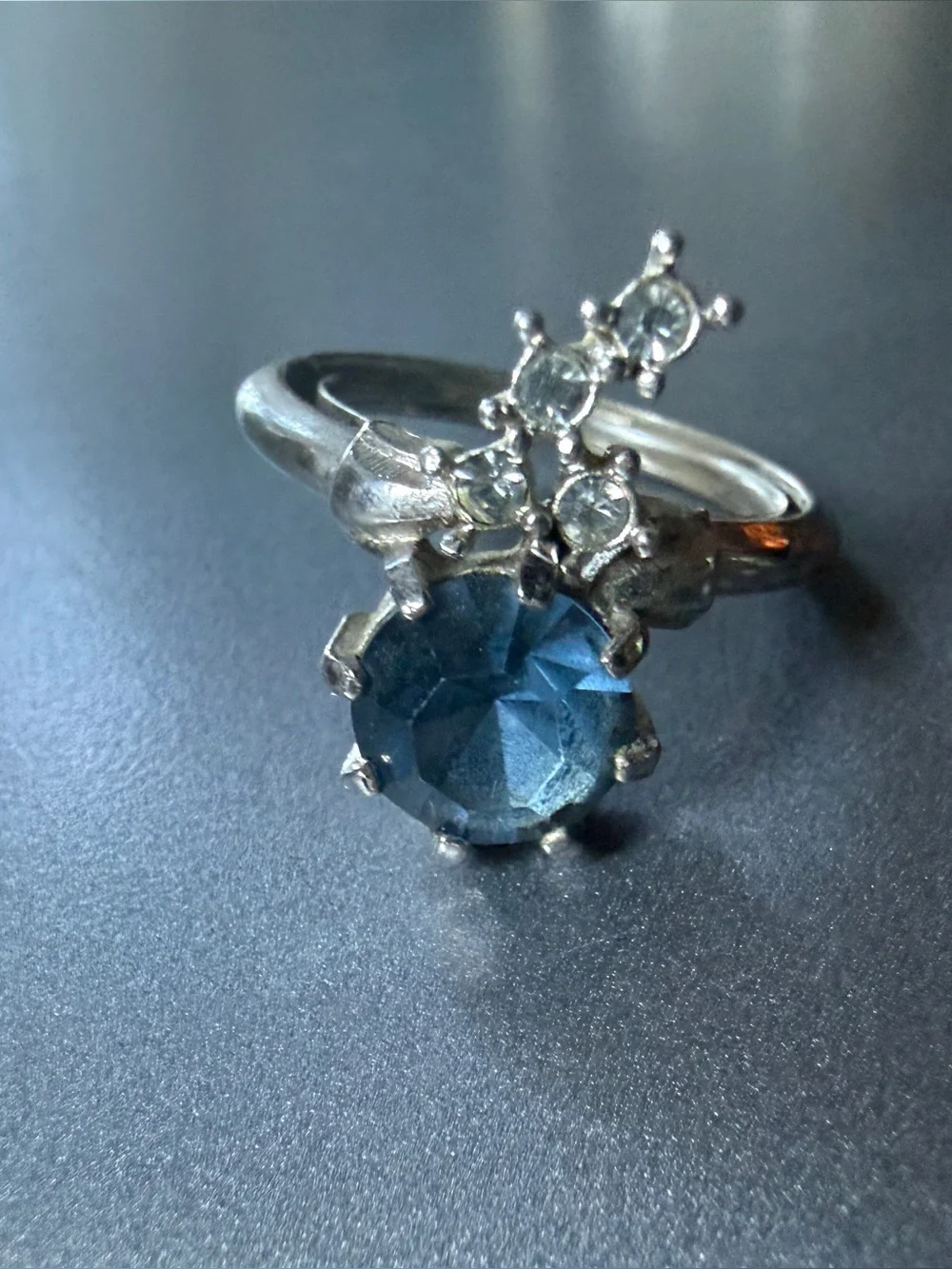 Vintage Blue Rhinestone Adjustable Cocktail Ring Size 8